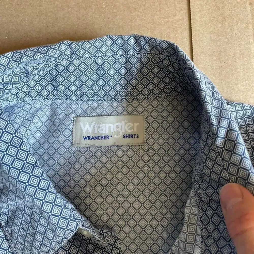 Wrangler Pearl Snap Shirt Mens XL Diamond Geometric Western Blue White